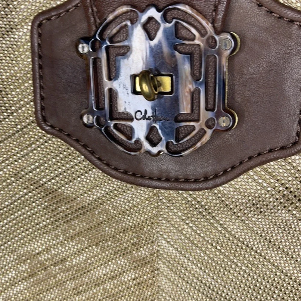 Cole Haan Collection Gold Metallic Woven Leather Hobo Bag Brow Tortoise Turnlock